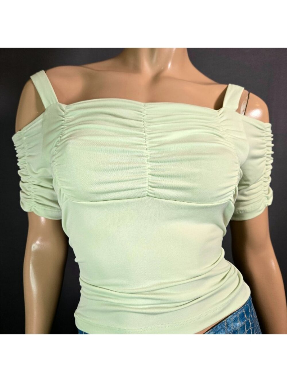 Vintage 90s Y2K Ruched Off Shoulder Milkmaid Top Pistachio Green Size M